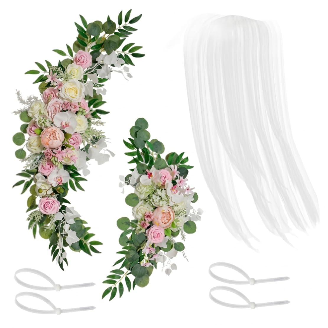 Hotainoys Arch Flowers, 3-piece Wedding Arch Flowers Set, Romantic Artificial Roses With Sheer Drapes, Perfect For Wedding Ceremony, Reception, Welcome Signs - Light