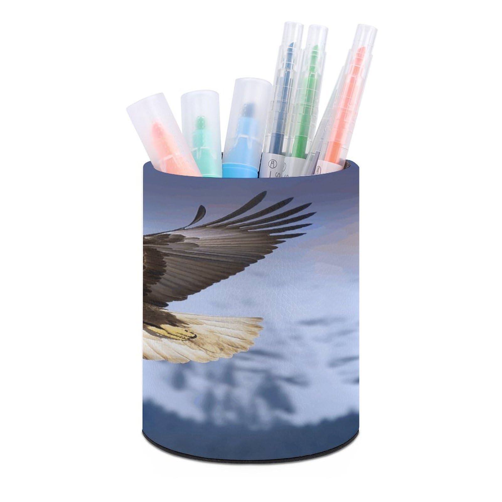 FekiLoot PU Leather Round Pen Holder Bald Eagle Flying Pencil Holder Desk Organizer Pen Organizer Pen Cup Pencil Cup Caddy Desktop Stationery Organizers for Office Home Supplies