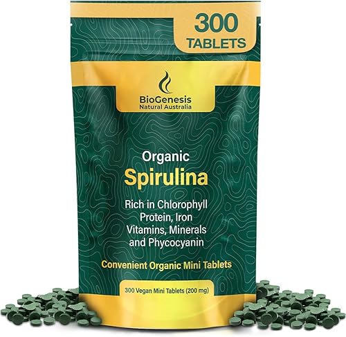 Biogenesis Mini tabletas de espirulina orgánica, 300 unidades (200 mg)  Algas azul-verdes cultivadas en Australia  Ricas en ficocianina, clorofila y