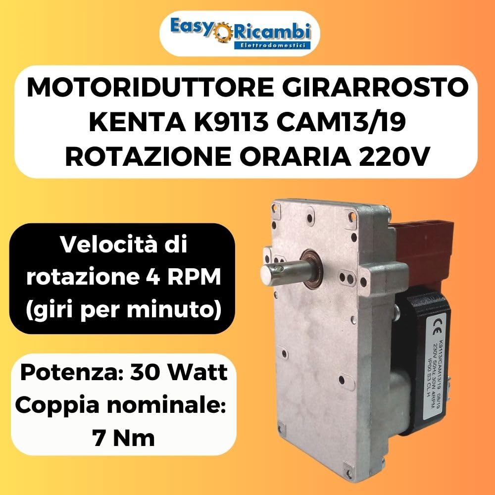 Easyricambi - Motore Girarrosto Elettrico, Motorino Elettrico per Girarrosto, BBQ Elettrico, Camino, Grill, Barbecue, Modello Kenta K9113130 K9113 CAM13, 4 RPM Giri al Minuto 30W Rotazione Oraria 220V