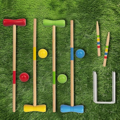 Holz Krocket Set Spiel Crocket für 4 Spieler Kinder Erwachsene Außenbereich Krocketspiel Spielspaß für Jungen Mädchen ab 3 Jahren (Verschiedene)