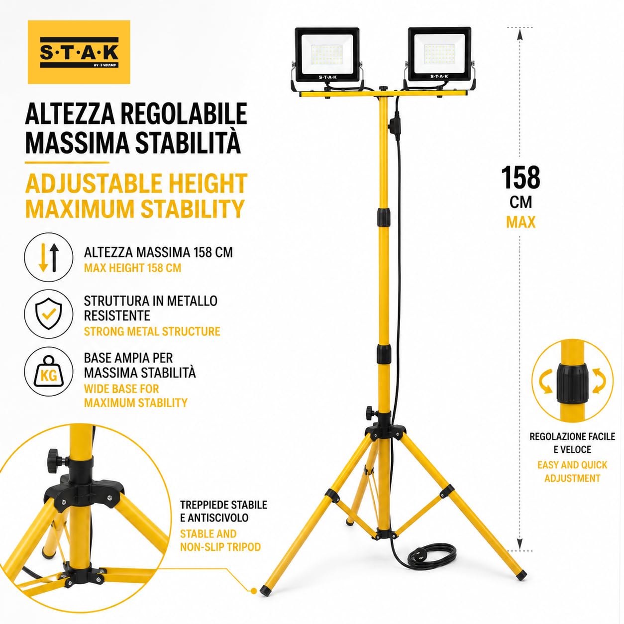 Faretti LED su Treppiede, 2 x 50W, 9.000 Lumen, Giallo, Cavo 3m, IP65, 158cm di Altezza. Uso esterno: Ideale per Cantiere, Garage, Giardino, Barbecue