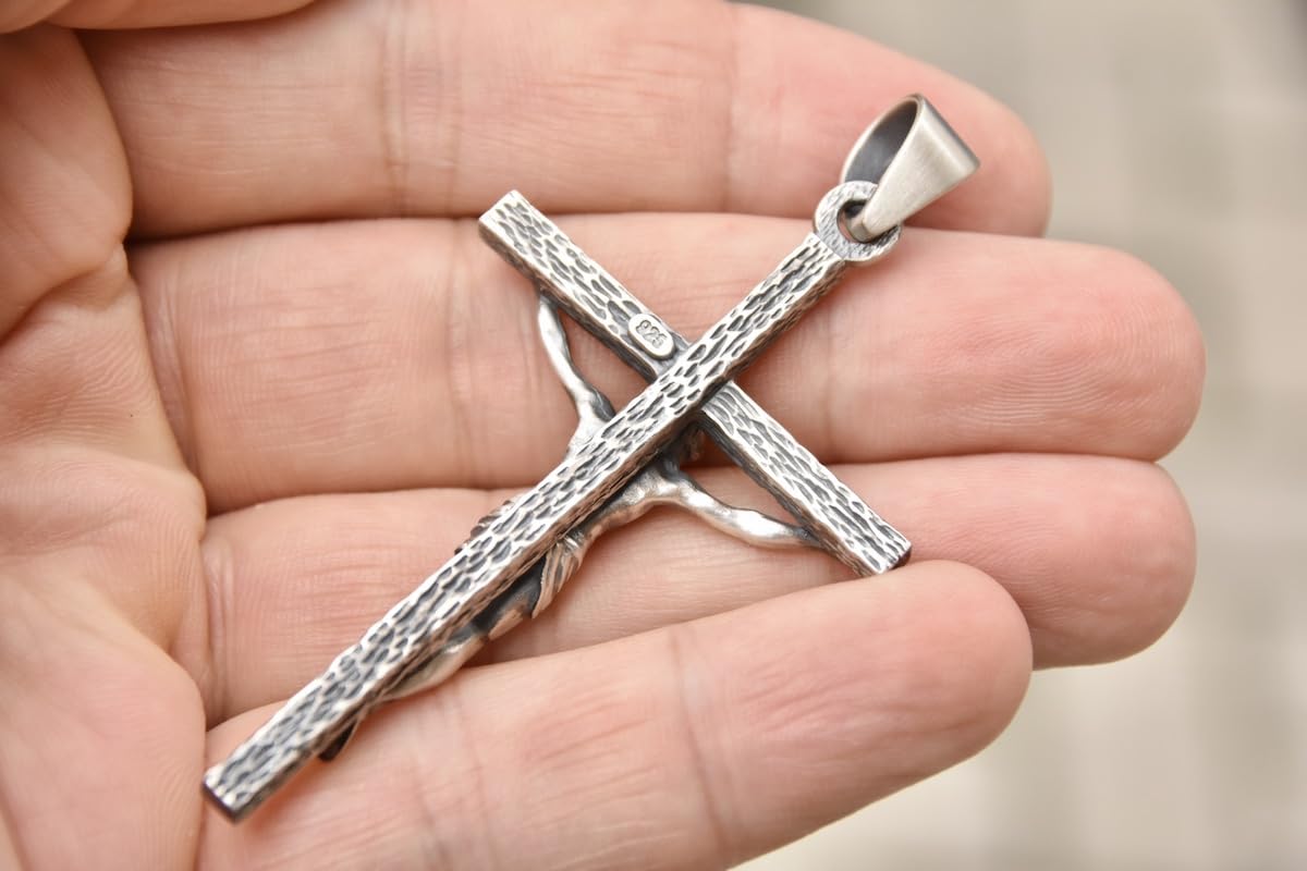 Grande Croix Crucifix Pendentif En Argent Sterling .925 Collier Hommes Femmes À La Main Nouveau Silverzone77