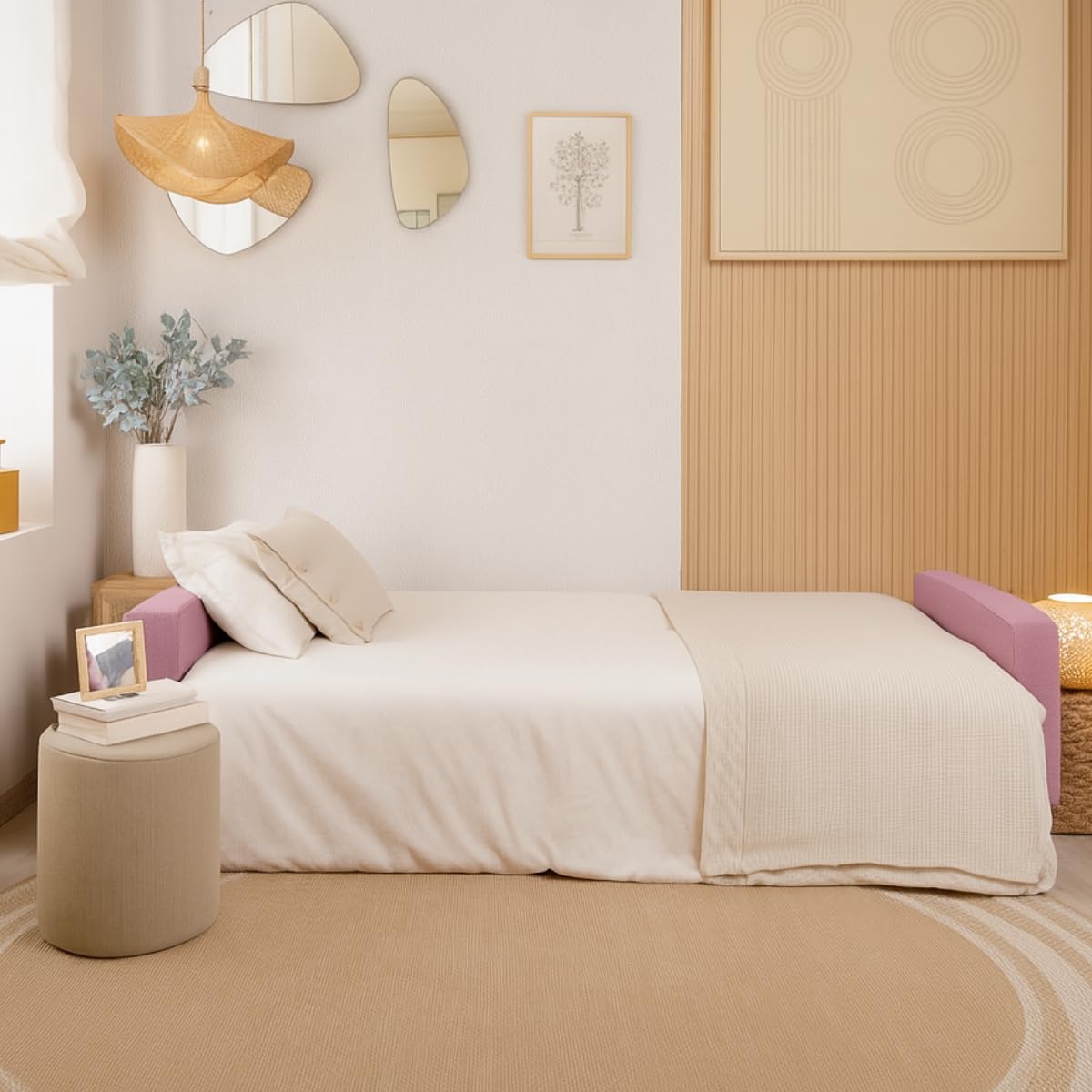 Don Descanso - Divano Letto 3 Posti Reine, Rivestito in Tessuto, Sistema di Apertura a Libro o Clic-Clac, Misura Divano: 206x73x80 cm, Misura Letto: 180x100 cm, Include 2 Cuscini, Rosa