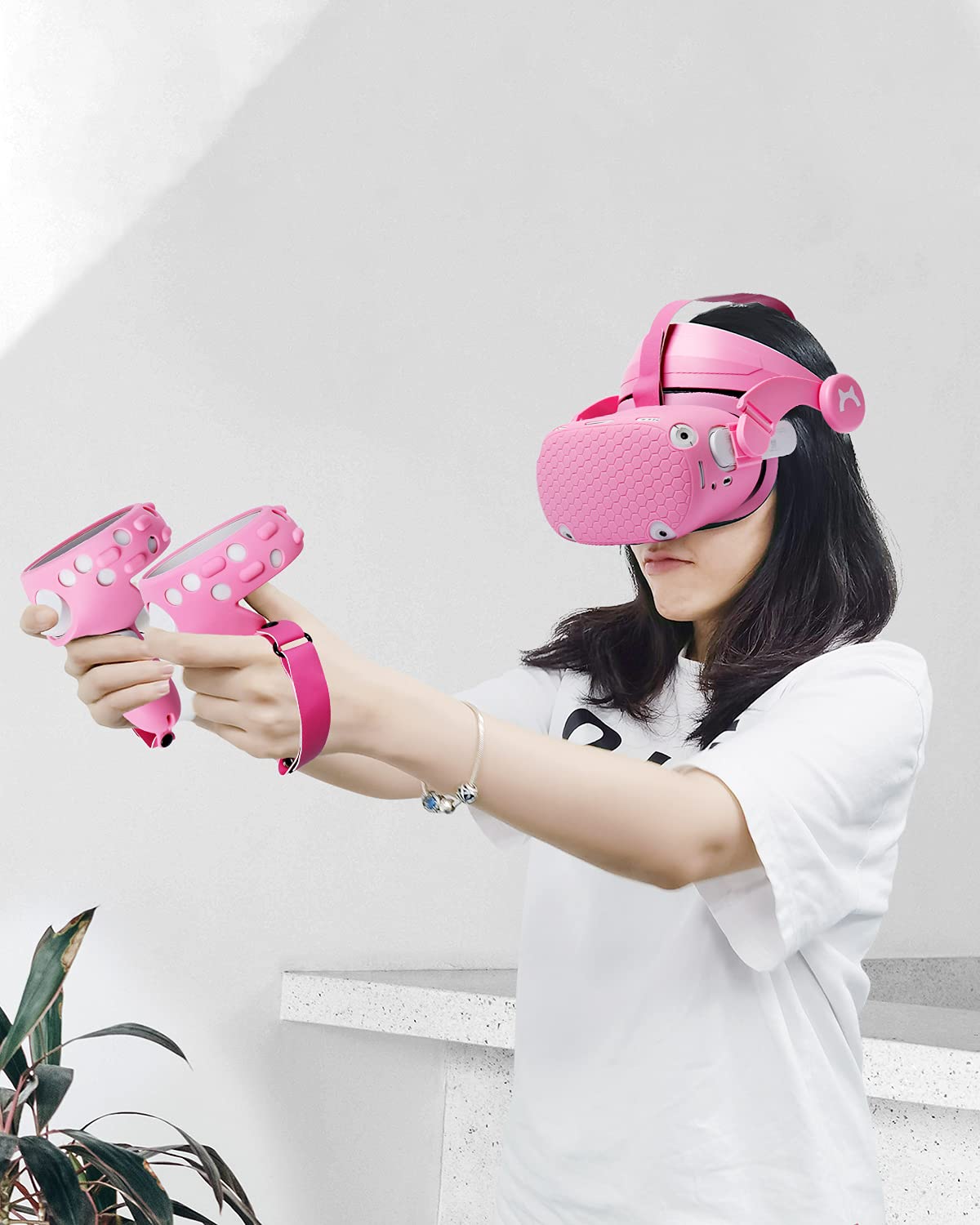 VR Adjustable Head Strap for Oculus Quest 2 Skins Cute Accessories with Silicone Touch Controller Grip Cover,Barbie Pink 6 in1 VR Shell Protector Cover & VR Face Cover Replacement Set 9