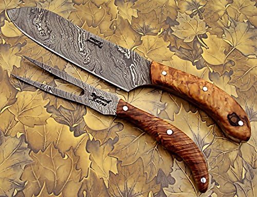 Miniatura 5 de CF-11 Juego de cuchillos y tenedores de acero de Damasco hechos a mano personalizados (giro) - Madera de fresa de oliva, Marrón