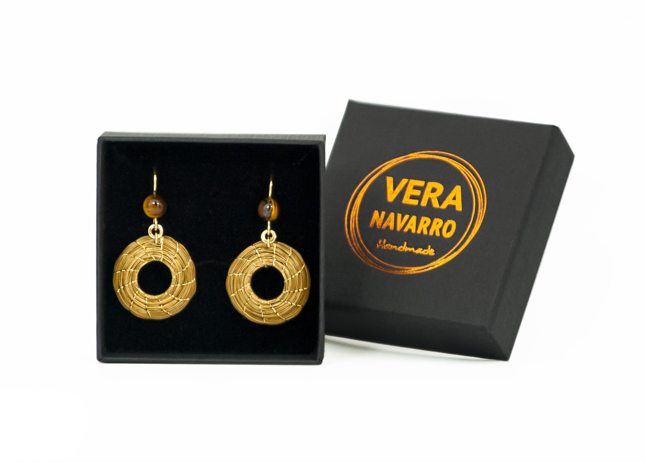 VERA NAVARRO - Orecchini Vegetali in Oro Mandala Aperto 20 mm con Pietra Occhio di Tigre - 100% Naturale Fatto a Mano - Design Esclusivo