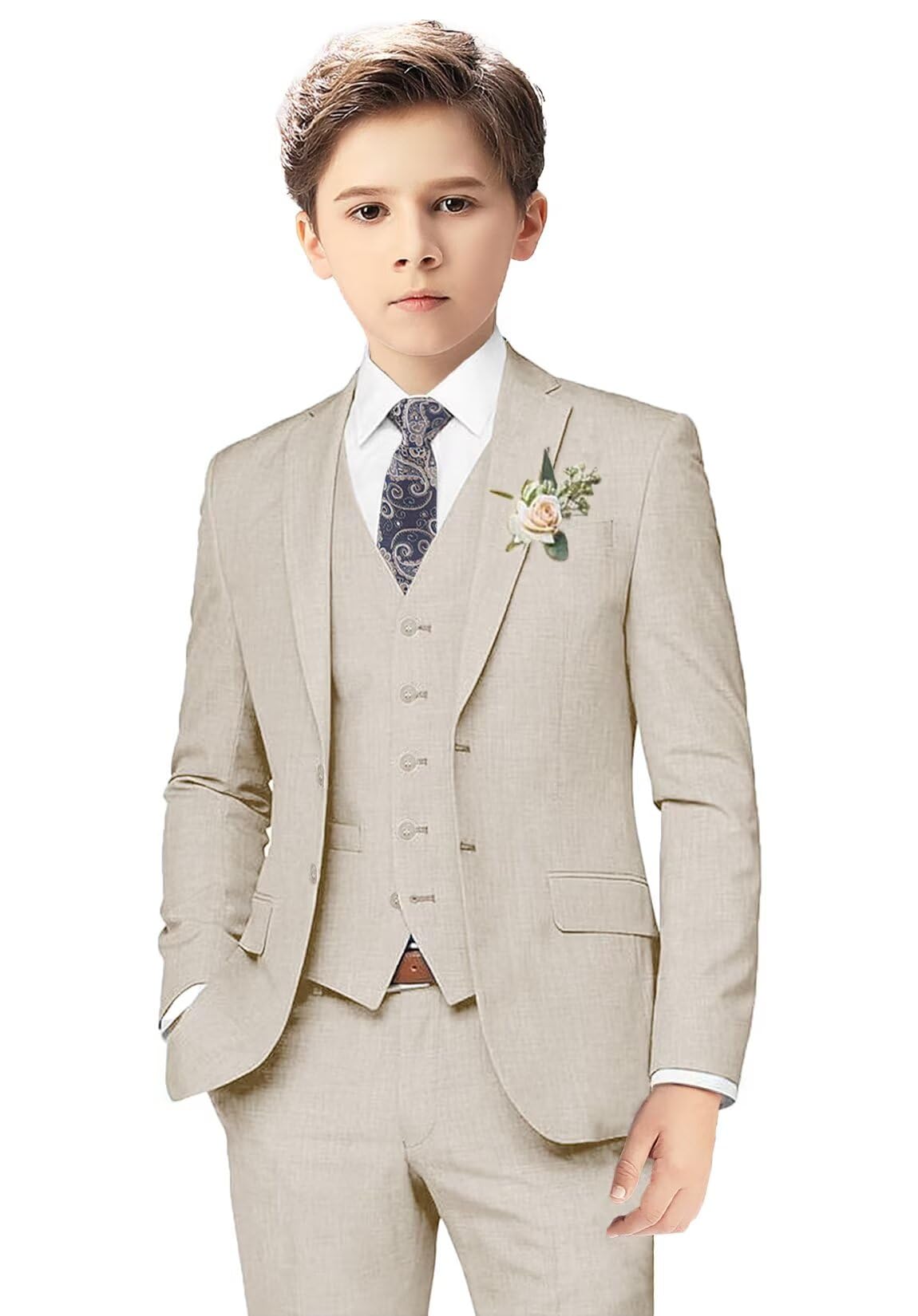 Boys Linen Suits for Kids Summer Slim Fit 3 Piece Beach Wedding Outfit Light Weight Tuxedo Linen Suit Set