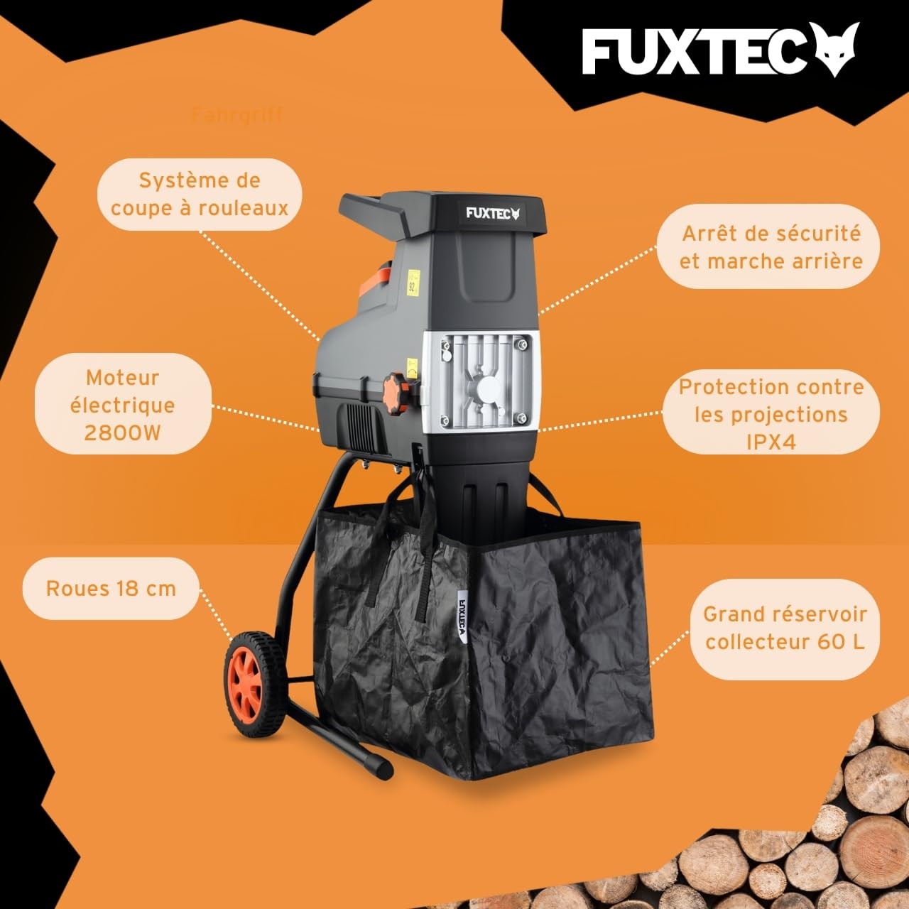 FUXTEC Broyeur de végétaux électrique FX-EGH2800T – 2800W – Système à rouleaux silencieux 92 dB – Branches Ø 44 mm – Sac toile 60 L – Marche arrière – Protection surcharge IPX4