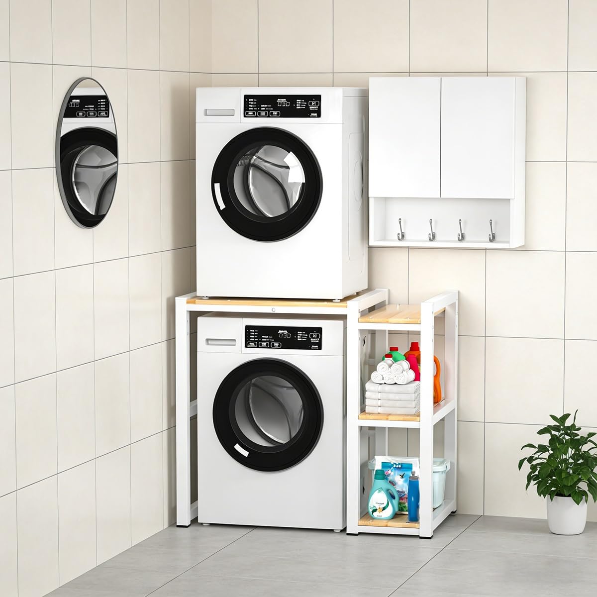 Regal Über Waschmaschine Trockner mit Seitenablagen, Höhenverstellbares Waschmaschinenregal Doppelt, Waschmaschine Trockner Regal für Waschküche Badezimmer Wohnung(White)