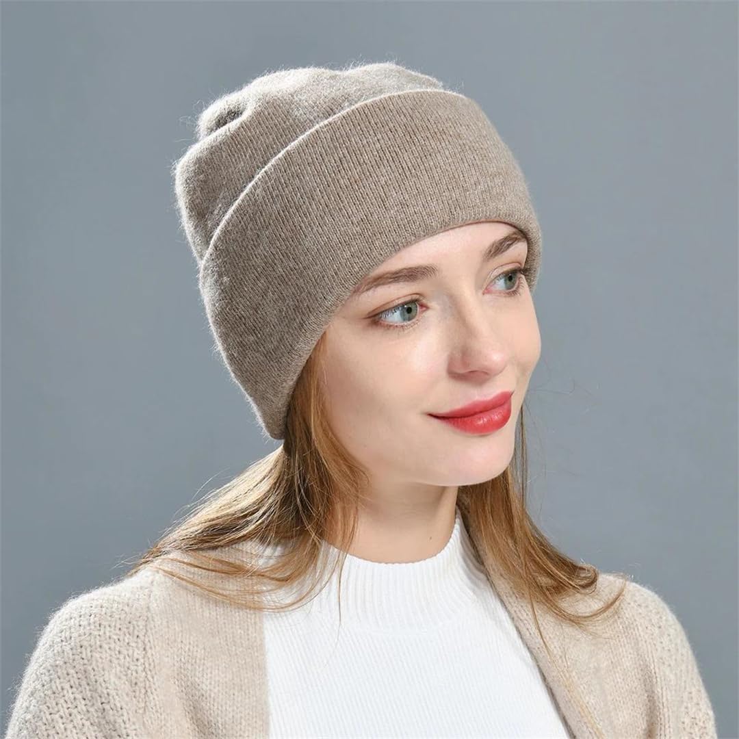 Gorro De Lana Para Mujer, Gorro De Invierno Informal Liso De Doble Capa, Cálido, Gorro De Cachemira