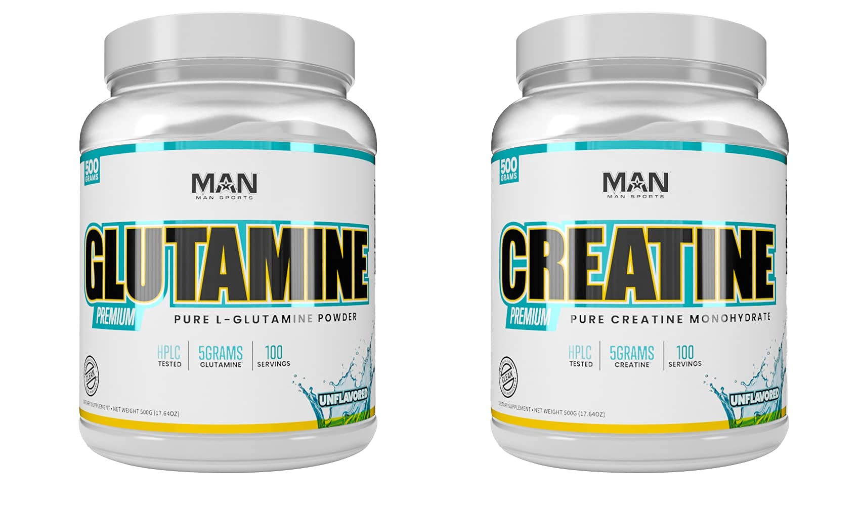 Man Sports L-Glutamine and Creatine Powder Power Bundle for Muscle Building and Recovery, Unflavored - 100 Servings Each