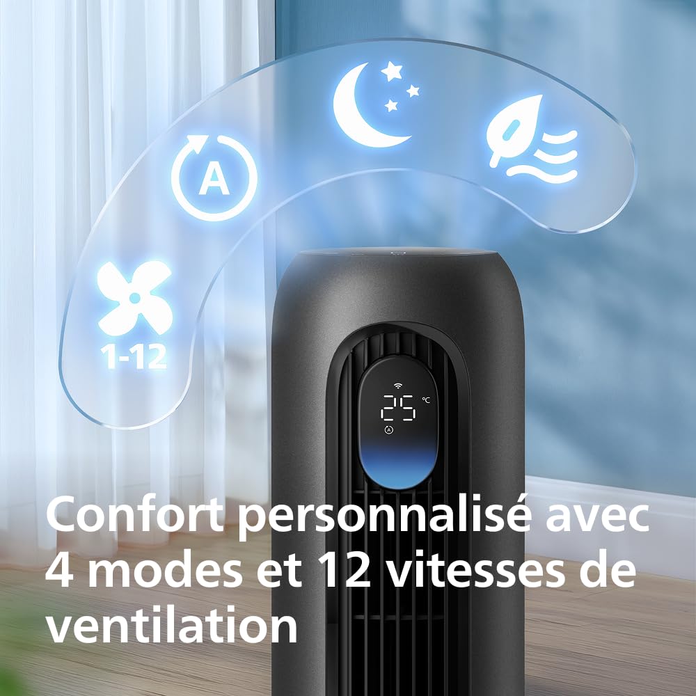 PHILIPS Ventilateur Colonne Série 7000 - Ventilateur connecté, Puissant 8,4 m/s, ultra-silencieux 22 dB, mode Sommeil, 12 vitesses, affichage température, minuterie 12h, oscillation 80° (CX7550/01)