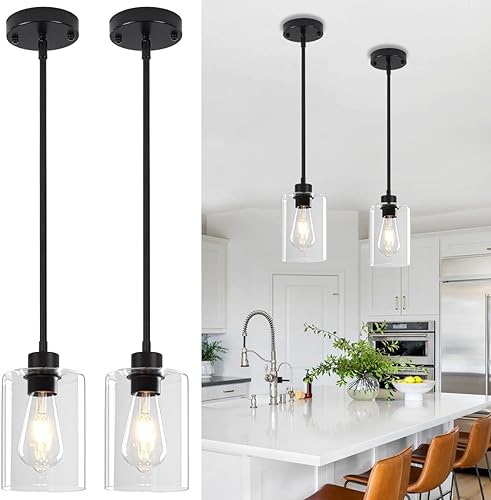 Miniatura 11 de Luces colgantes de cristal para isla de cocina, paquete de 2 unidades, iluminación colgante de cocina negra sobre la isla, lámparas colgantes