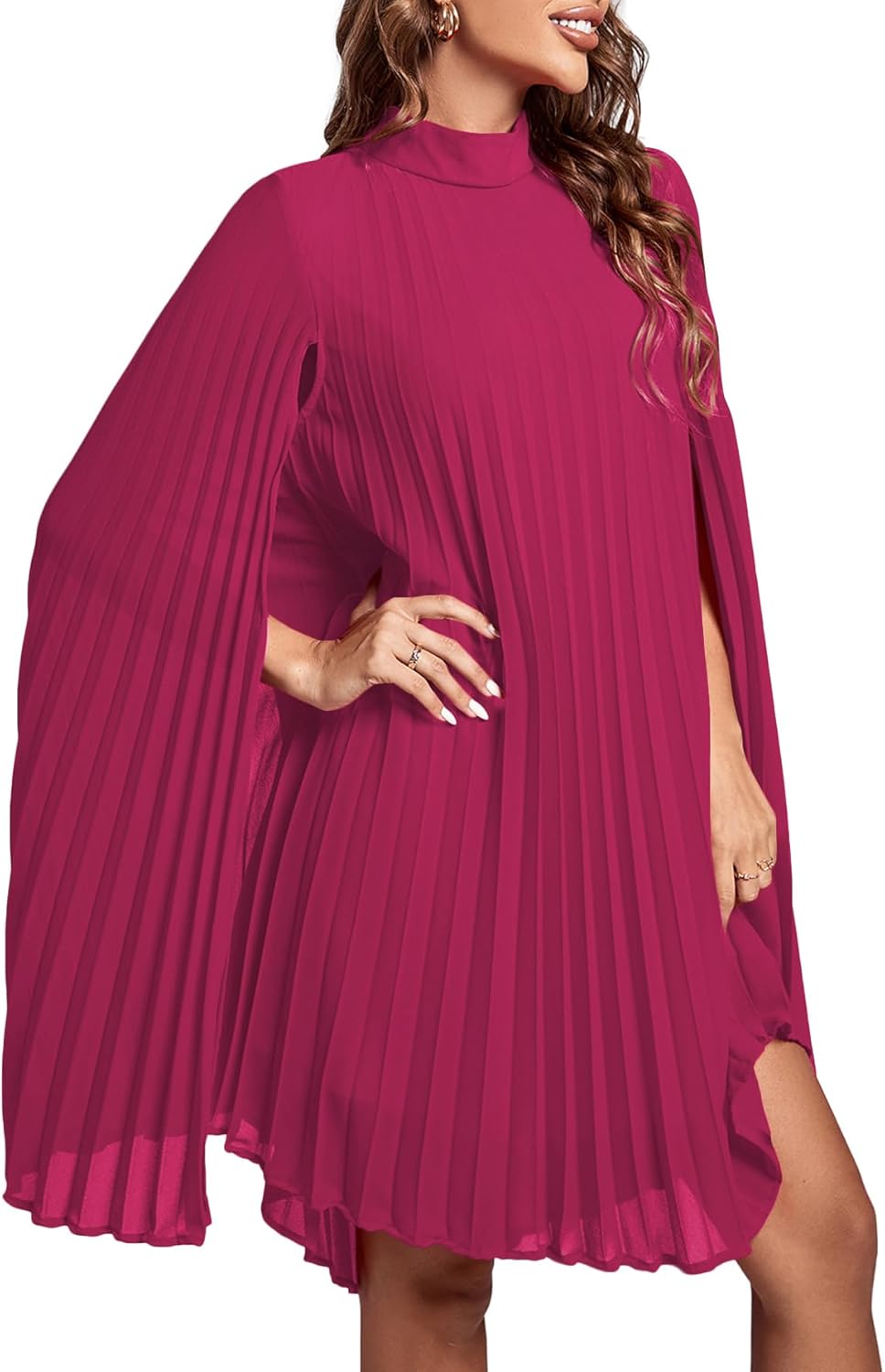 Rooscier Women's Pleated Mock Neck Cloak Sleeve Flowy Keyhole Back Party Midi Dress Solid Rose Large - Image 3