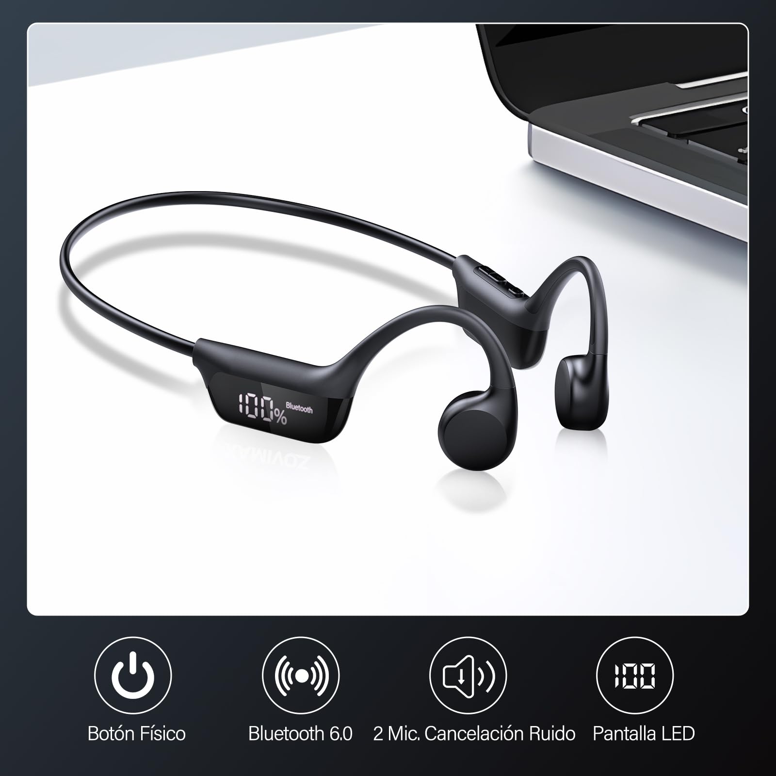 Auriculares de Conducción Ósea Auriculares Oreja Abierta Inalámbricos | Open-Ear Bluetooth 6.0, Sonido Dual Driver, Pantalla LED, IPX7, Conexión Doble y Modo Gaming, Carreras/Ciclismo/Fitness