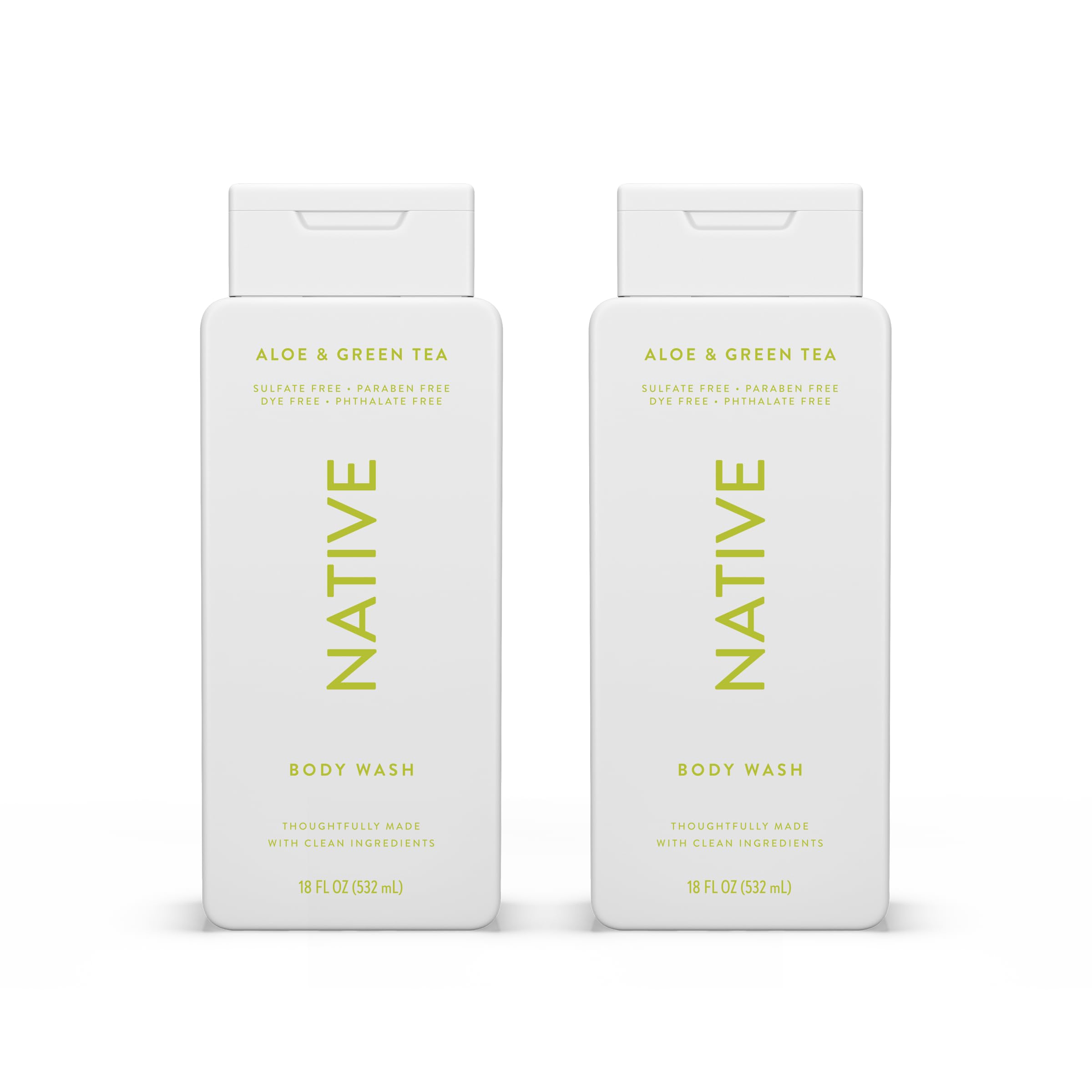 Native Body Wash Contains Naturally Derived Ingredients | For Women & Men, Sulfate, Paraben, & Dye Free Leaving Skin Soft and Hydrating |Aloe & Green Tea 18 oz - 2 Pk