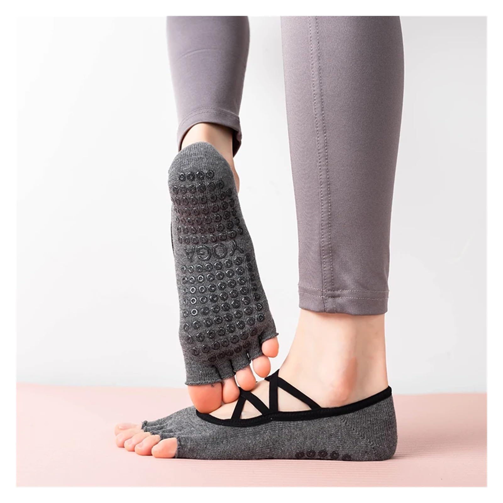 Calcetines de Yoga de vendaje cruzado sin espalda for mujer, calcetín de Pilates con cinco dedos, empuñaduras antideslizantes, calcetín deportivo de algodón for baile de Ballet y Fitness Para Yoga Pil