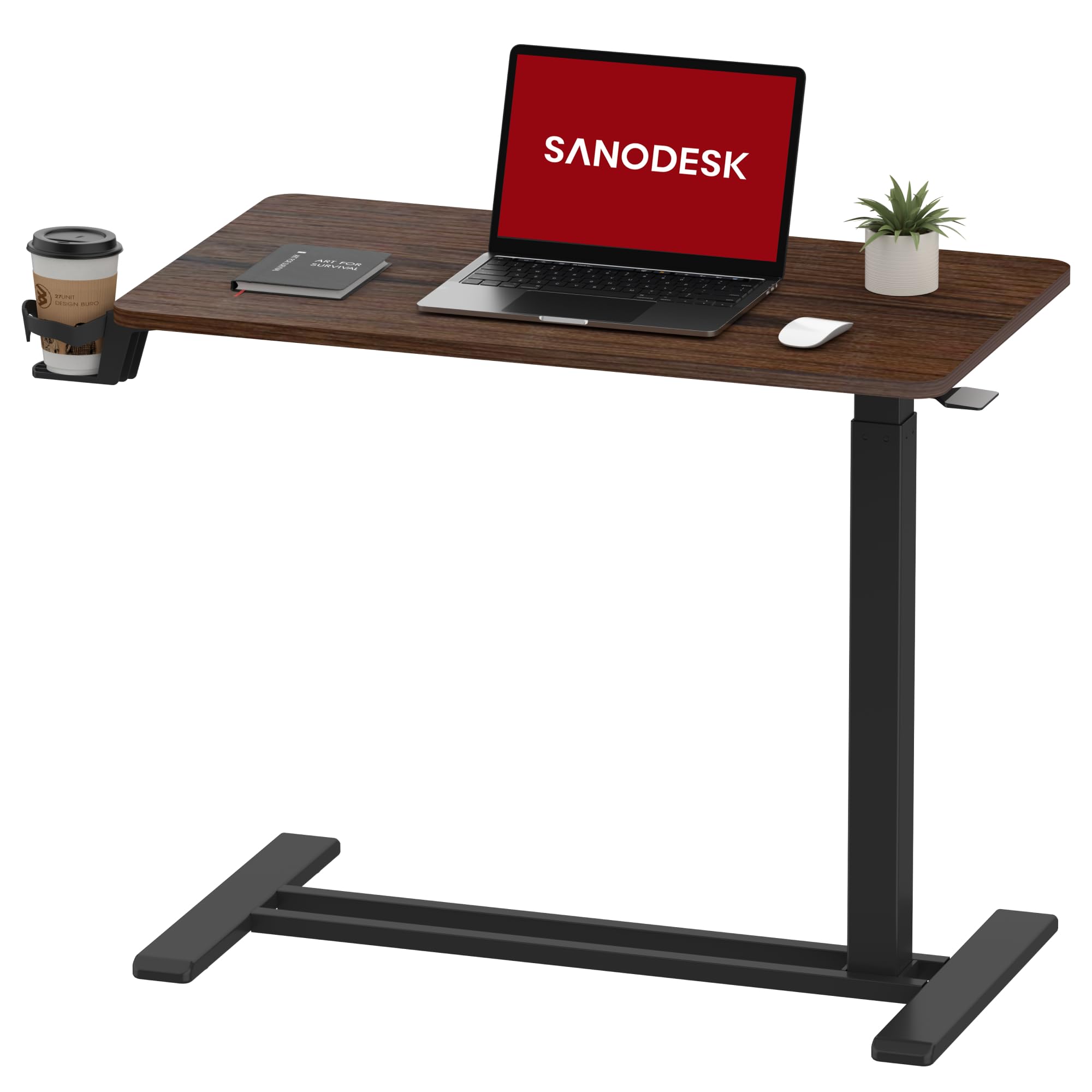 SANODESK Mobile Standing Desk with Hidden Wheels,Pneumatic Laptop Desk Rolling Computer Cart Movable Height Adjustable Small Sit Stand Desk for Home