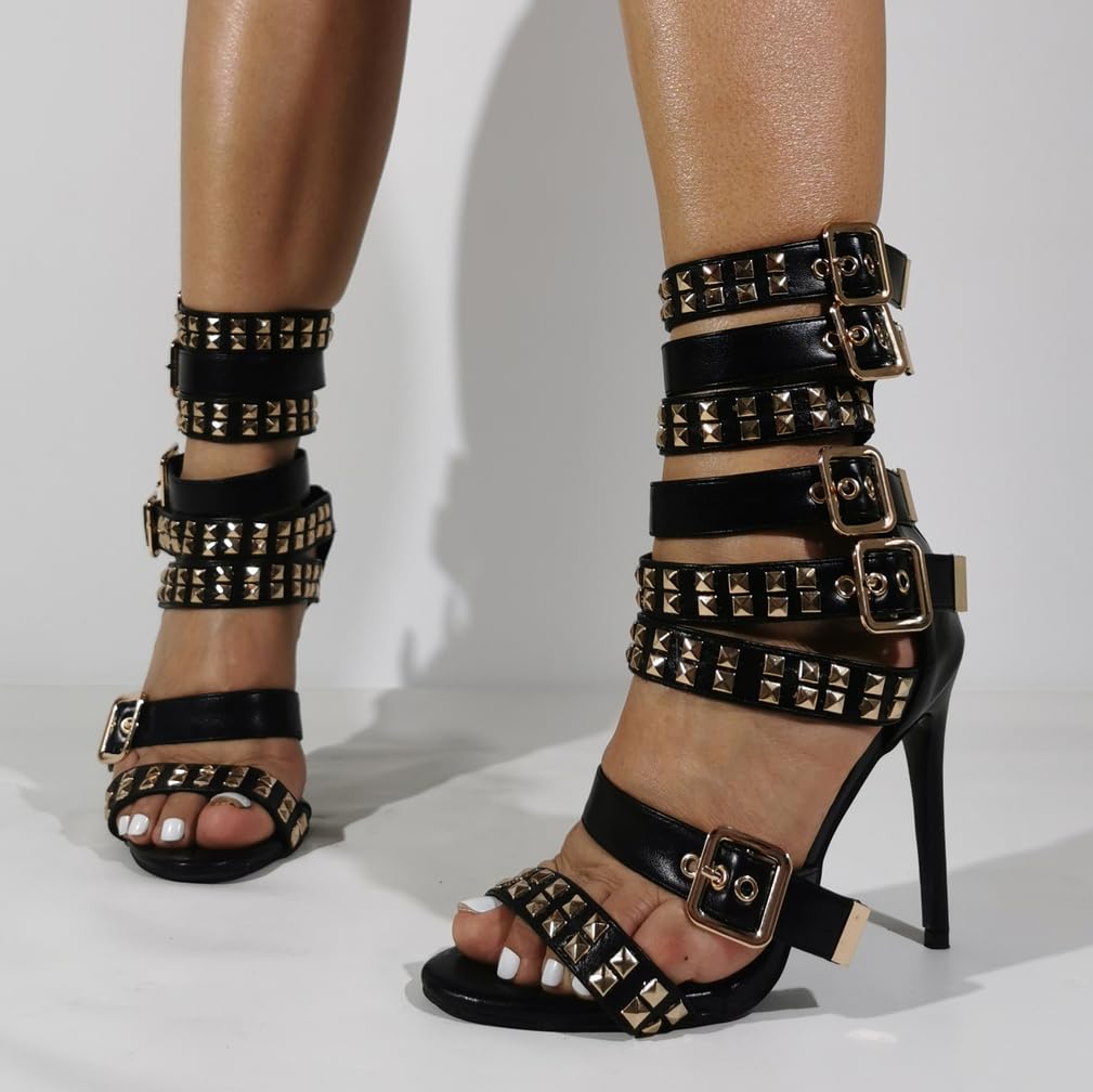 Talons Hauts pour Femme | Sandales Stiletto Noires esthétiques Y2K, Chaussures de Festival de Musique rétro Gothique et de scène de Concert, Tailles étendues