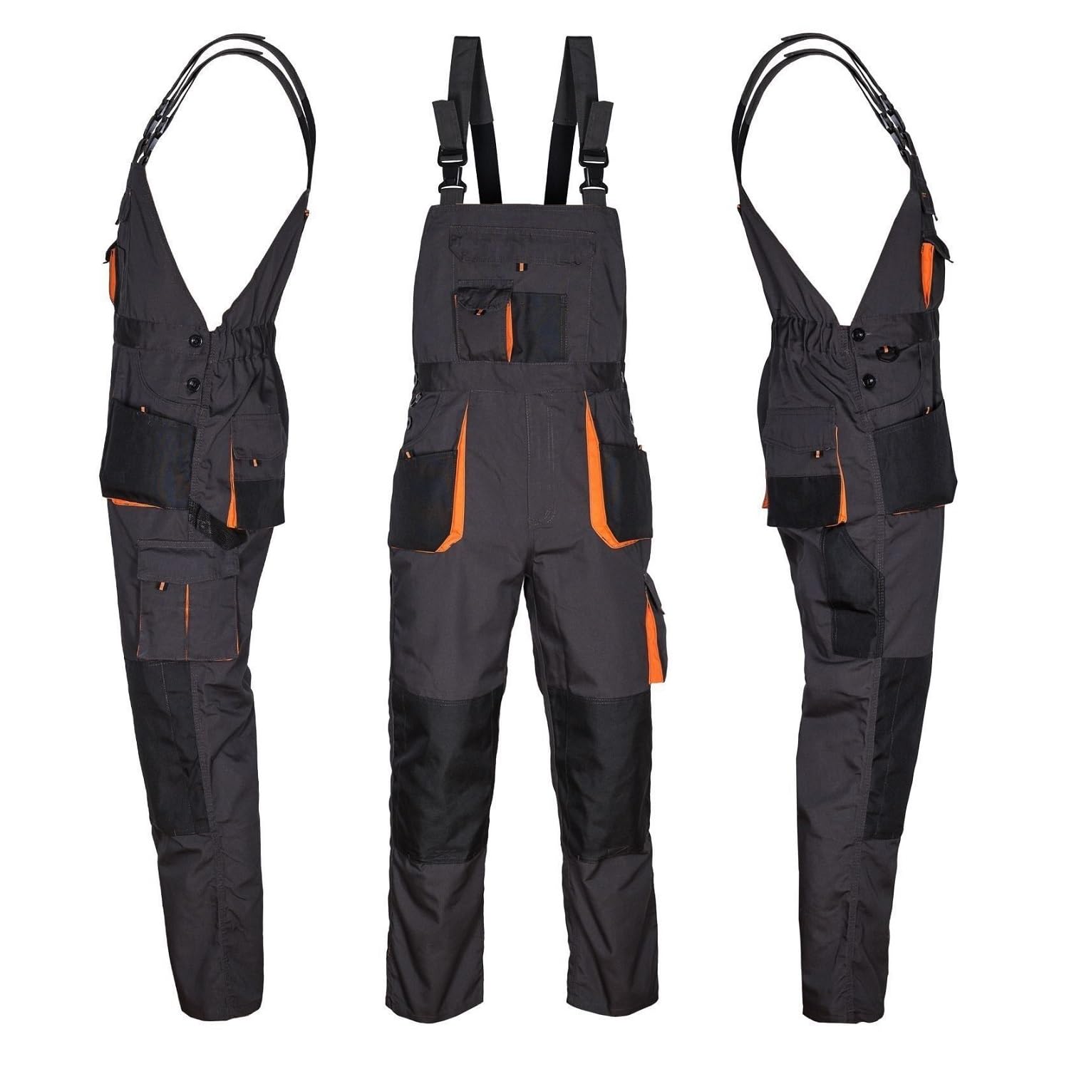 Salopette da lavoro da uomo, classica, multitasche, pantaloni regolabili in vita, bretelle larghe, fibbie solide, abbigliamento da lavoro rinforzato grigio - arancione