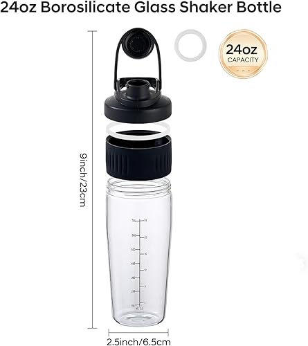 Miniatura 3 de Botella agitadora de vidrio de 24 onzas, polvo de proteína de vidrio de borosilicato, mezcla para mezclas de proteínas con bola mezcladora (A-NEGRO,