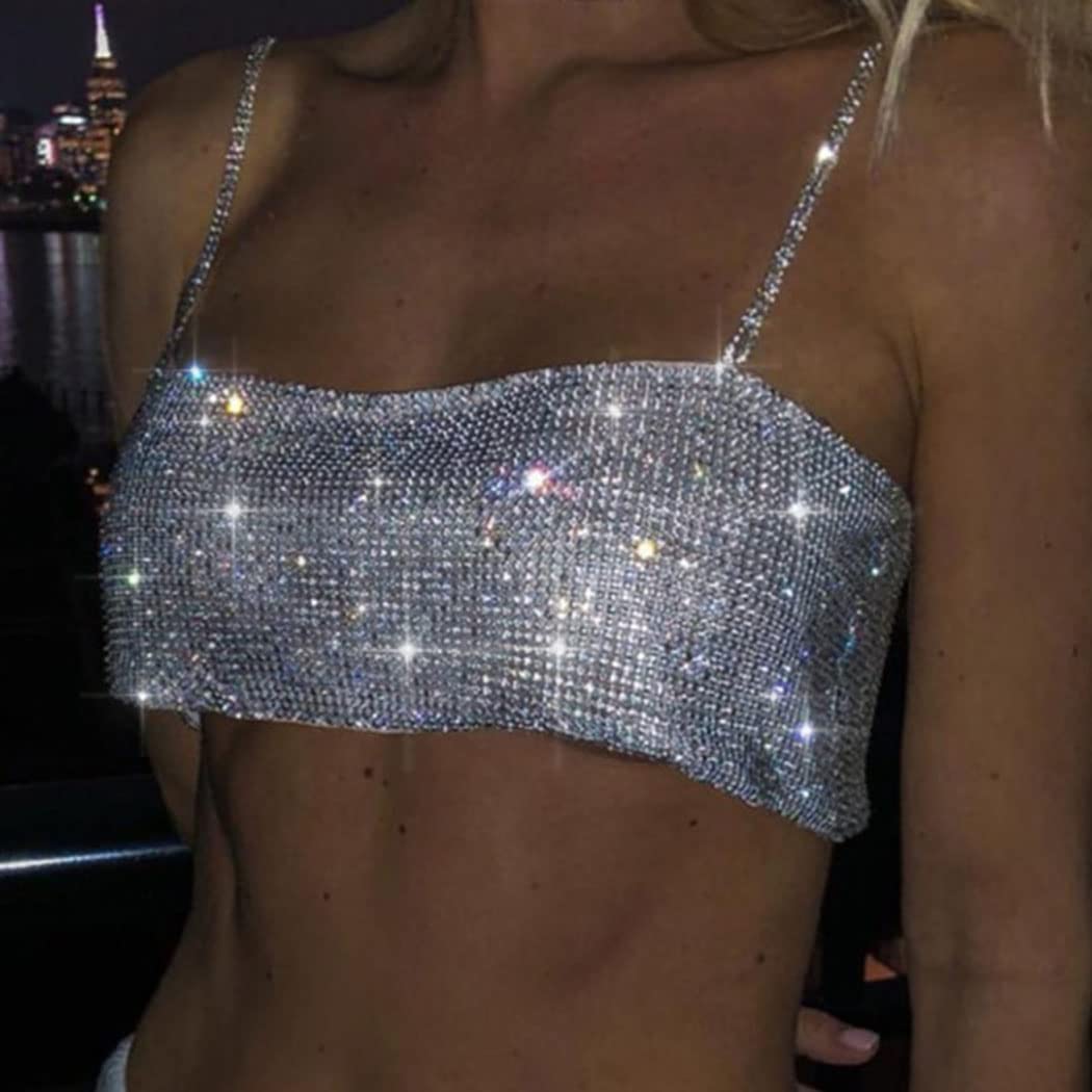 Jeweky Rhinestone Crop Top Sparkly Body Chain Silver Bra Chain Backless Chest Chains