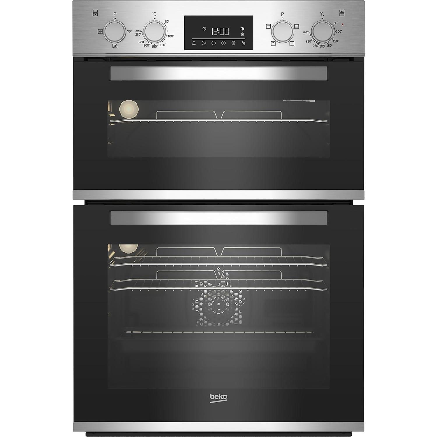 Close-up of the Beko BBADF22300X oven control panel, showing two rotary knobs for temperature and function selection, and a central digital display with touch controls.