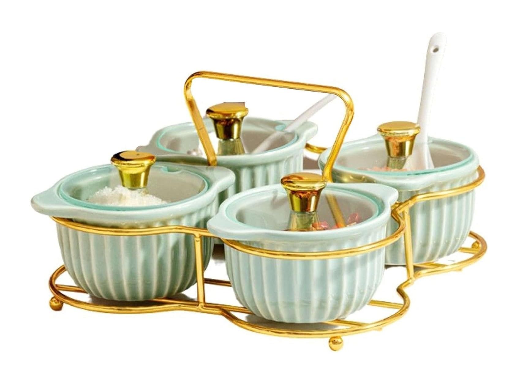 SAeWare Caja de condimentos de cerámica con tapa de cuchara y bandeja, frasco de condimentos, juego de cajas de condimentos con cuchara, recipiente de especias para cocina, especias, azúcar, especias