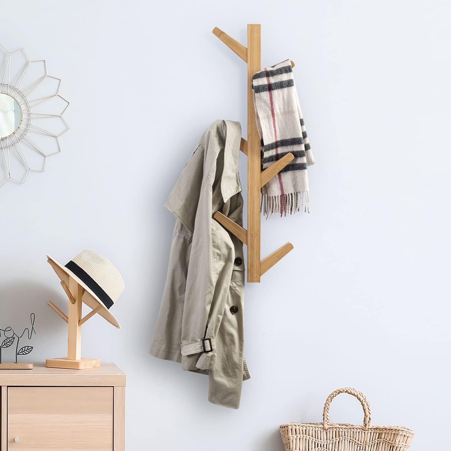 MyGift Wall Mounted Natural Bamboo Solid Wood Coat Rack Tree with Branch Design 6 Hooks, Decorative Entryway Coat, Hat, Scarves Hanger Rack