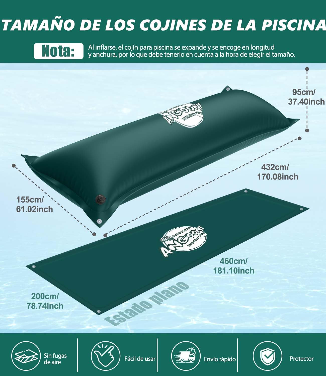 Angooni Cojín de piscina de invierno 200 x 450 cm XXL (para piscinas de 320 – 750 x 550 – 860 cm) | Cojín de aire para piscina con doble costura para cubierta de piscina | Cojín de piscina para el