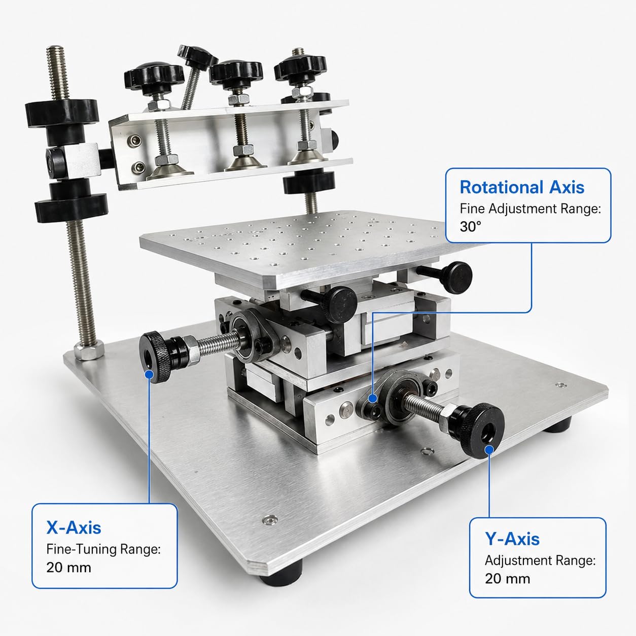 Ręczna drukarka pasty lutowniczej SMT, regulowany stół szablonowy 150 x 150 mm | Precyzyjna regulacja obrotowa 30°, skok 20 mm X/Y i aluminiowa podstawa CNC dla stabilnego drukowania PCB