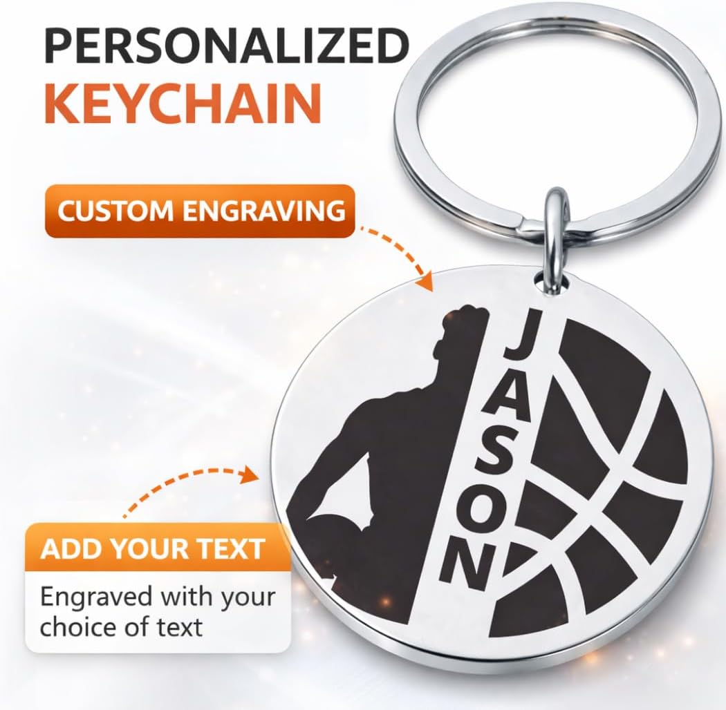 Sportybella Personalized Basketball Keychain for Men and Boys, Custom Name Engraved Stainless Steel Basketball Gift for Players, Teams and Coaches