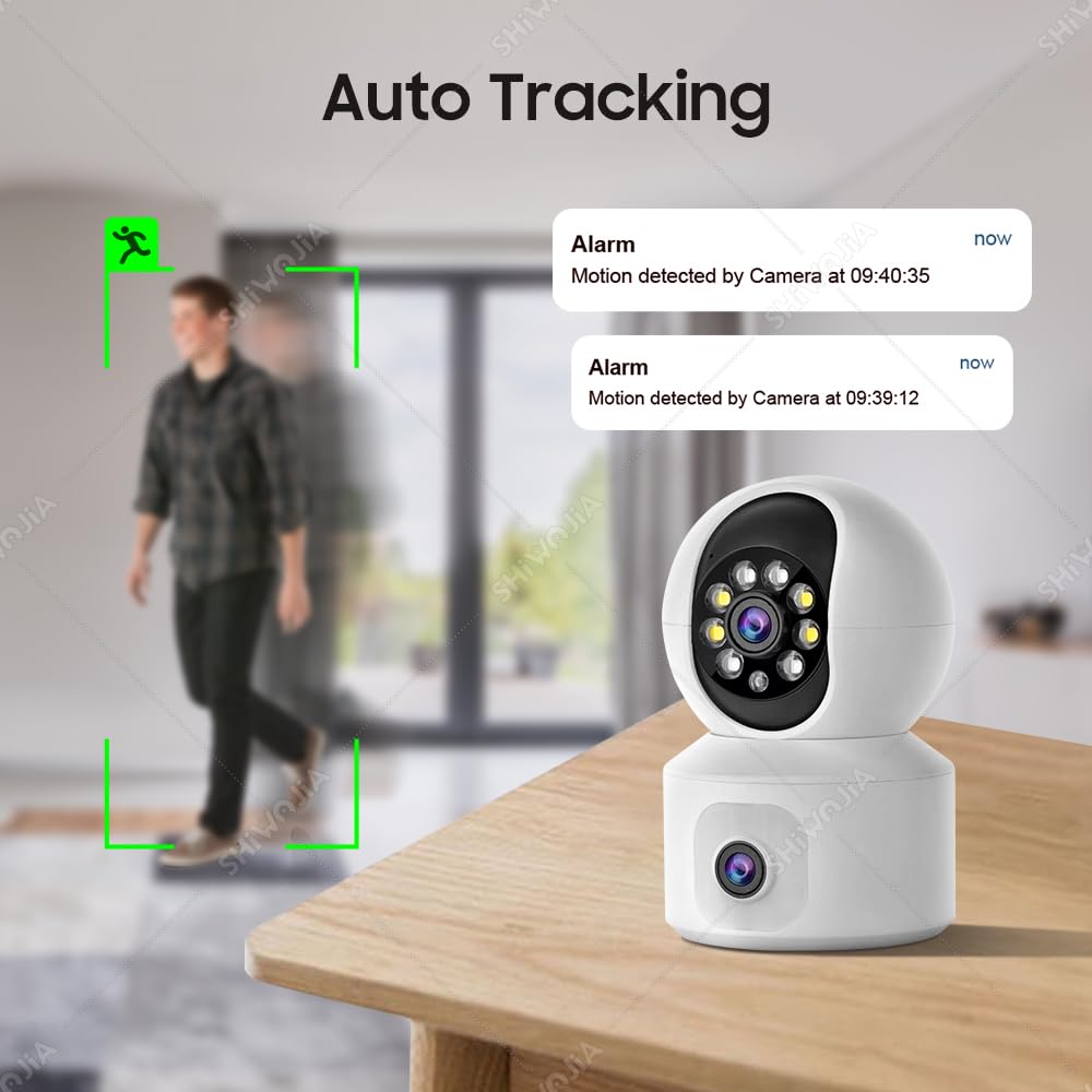 SHIWOJIA 2K 4MP Cámara de vigilancia WiFi interior, PTZ 360° Cámara con lente doble, visión nocturna inteligente, detección de persona y seguimiento automático, audio bidireccional