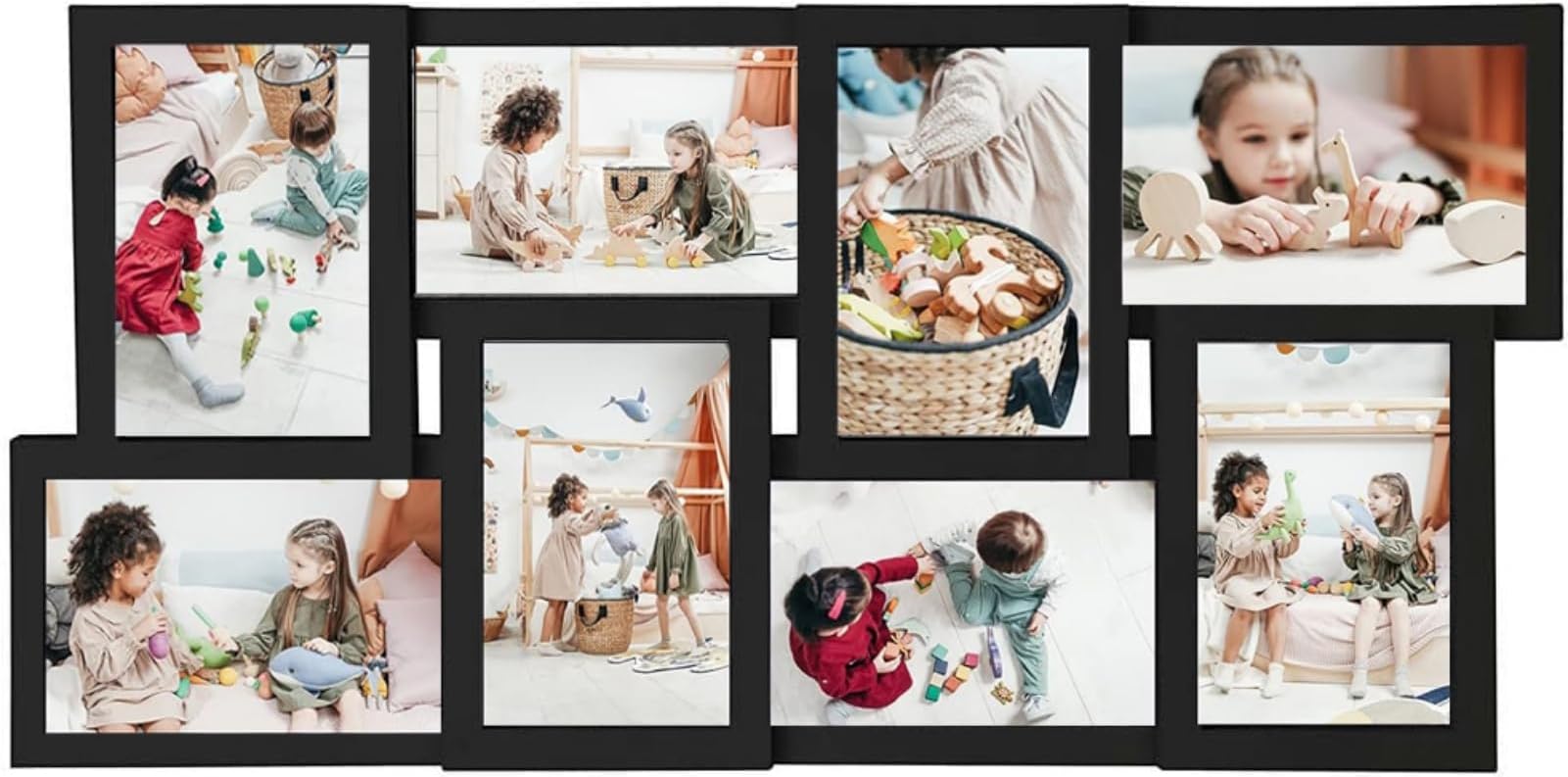 Photo Frame Collage, Multi Photo Frame for Wall Decoration, 8 Opening Collage Wall Hanging for 4x6 Photo, Rustic Black Photo Collage Frame, Multi Family Photo for Gallery Decor, Hanging Display