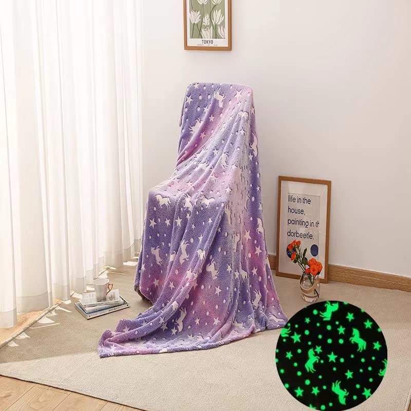 Duffy Glow in The Dark Throw Blanket Flannel Moon Star Unicorn Gifts for Kids Girls Boys Adults Bedroom Cosy Warm Super Soft Plush Fleece Faux Fur (Pink Unicorn)