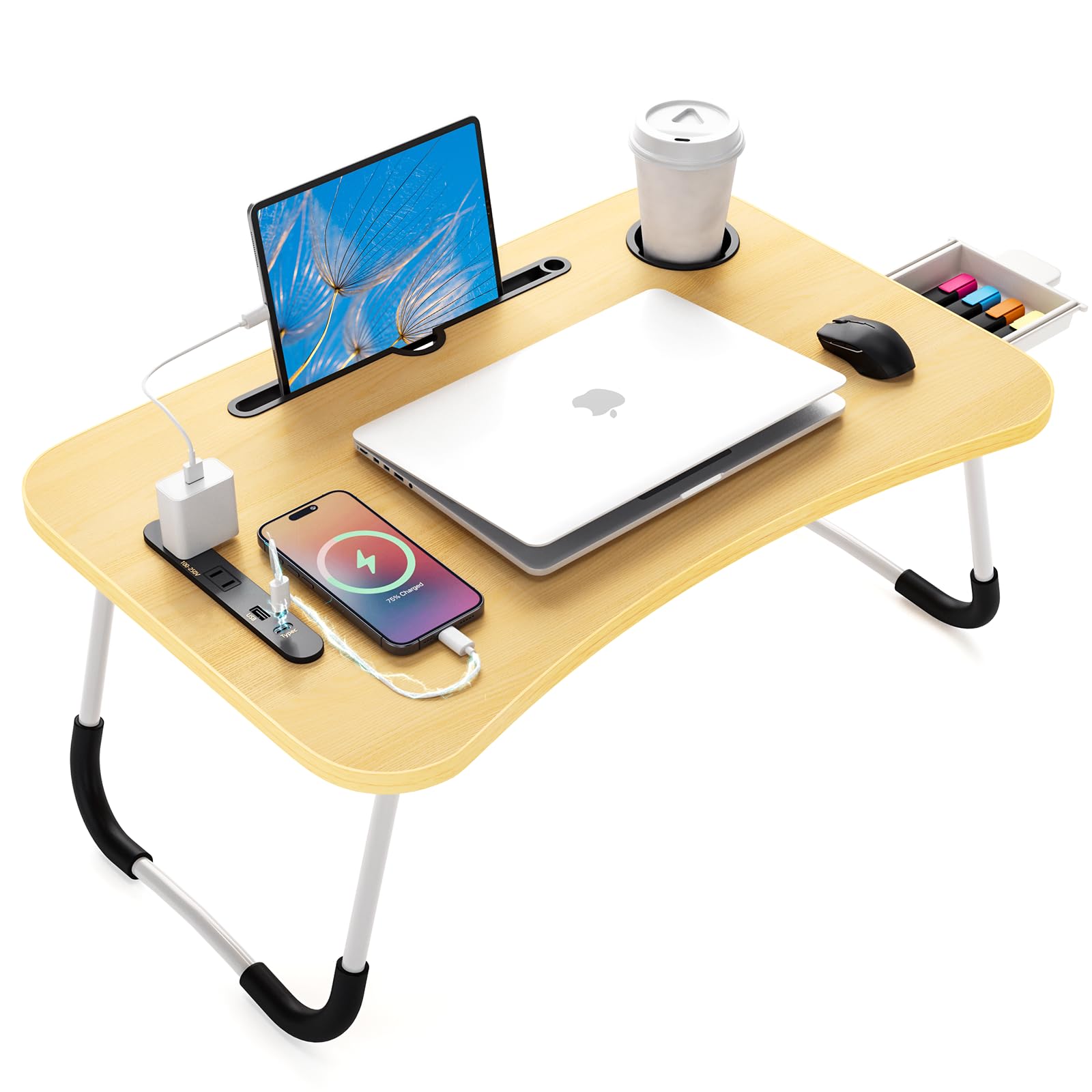 FUNITO Folding Laptop Desk with USB & Type C Charging Ports, 24-Inch Bed Desk with Storage Drawer and Cup Holder, for Bed for Working, Eating, Reading, and Watching Movies