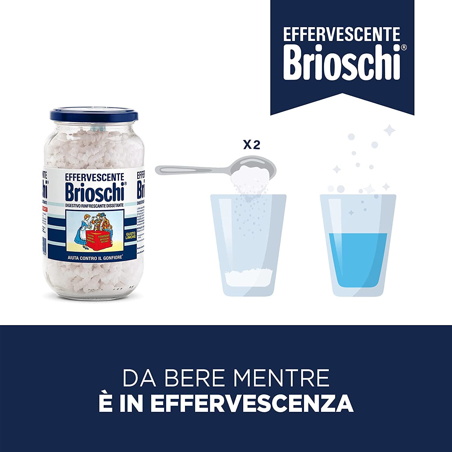 6 disueltos digestivos de Brioschi gusto limón refrescante con sabor a limón.