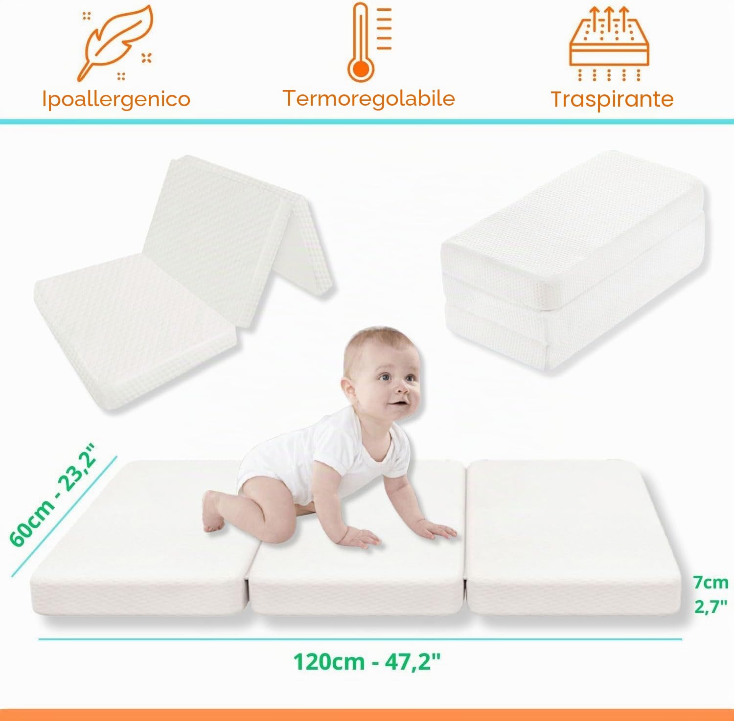 Max Bamboo- Materasso lettino da viaggio 120 x 60 cm per il comfort dei bambini,pieghevole e portatile-rivestimento impermeabile in cotone di bambù-Materasso da pavimento per bambini-OEKO-TEX.