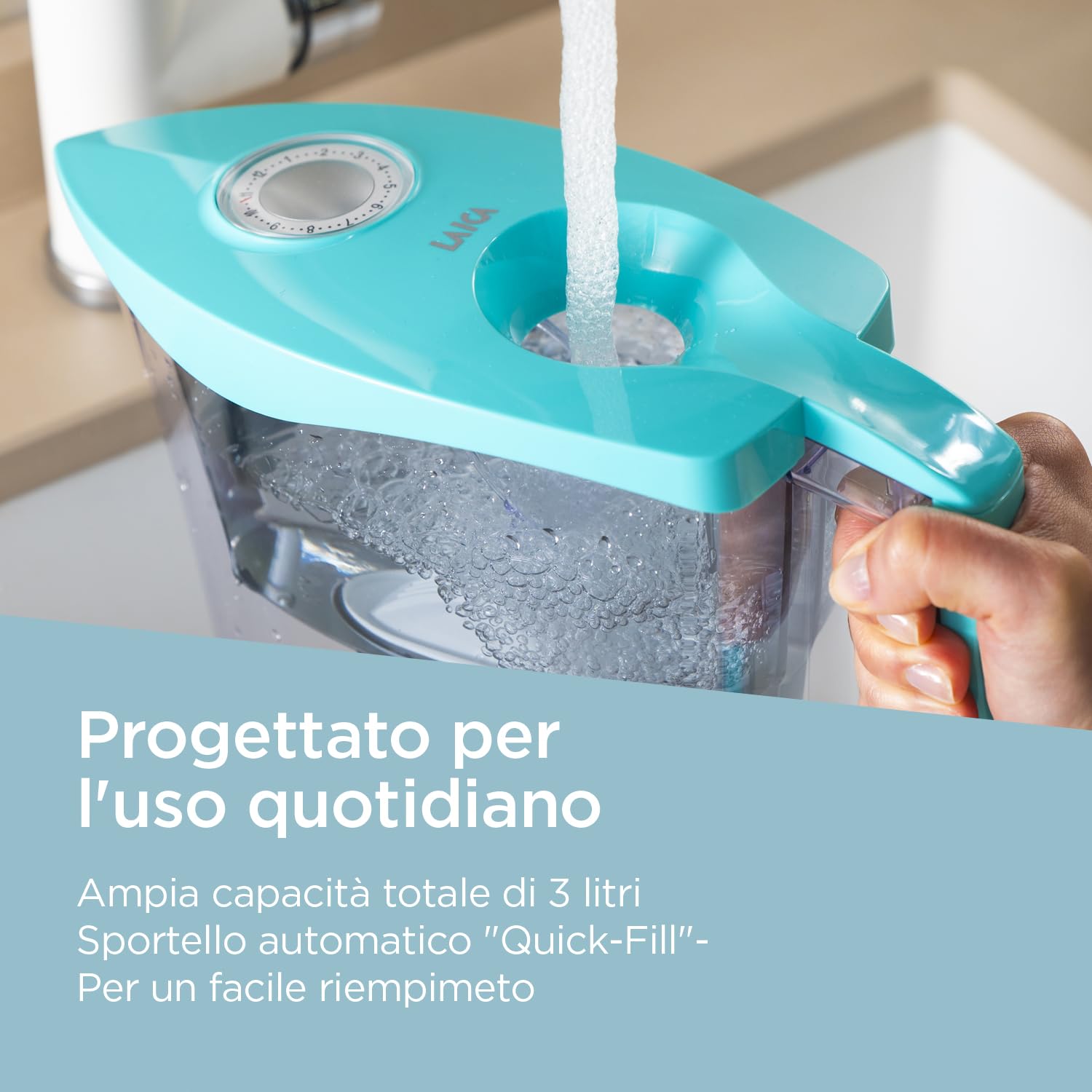 LAICA MikroPLASTIK-STOP Jarra filtrante – 3L – Azul – con 1 filtro bi-flux y 1 filtro MikroPLASTIK-STOP, conserva las sales minerales y reduce los microplásticos – Temporizador analógico – Fabricado
