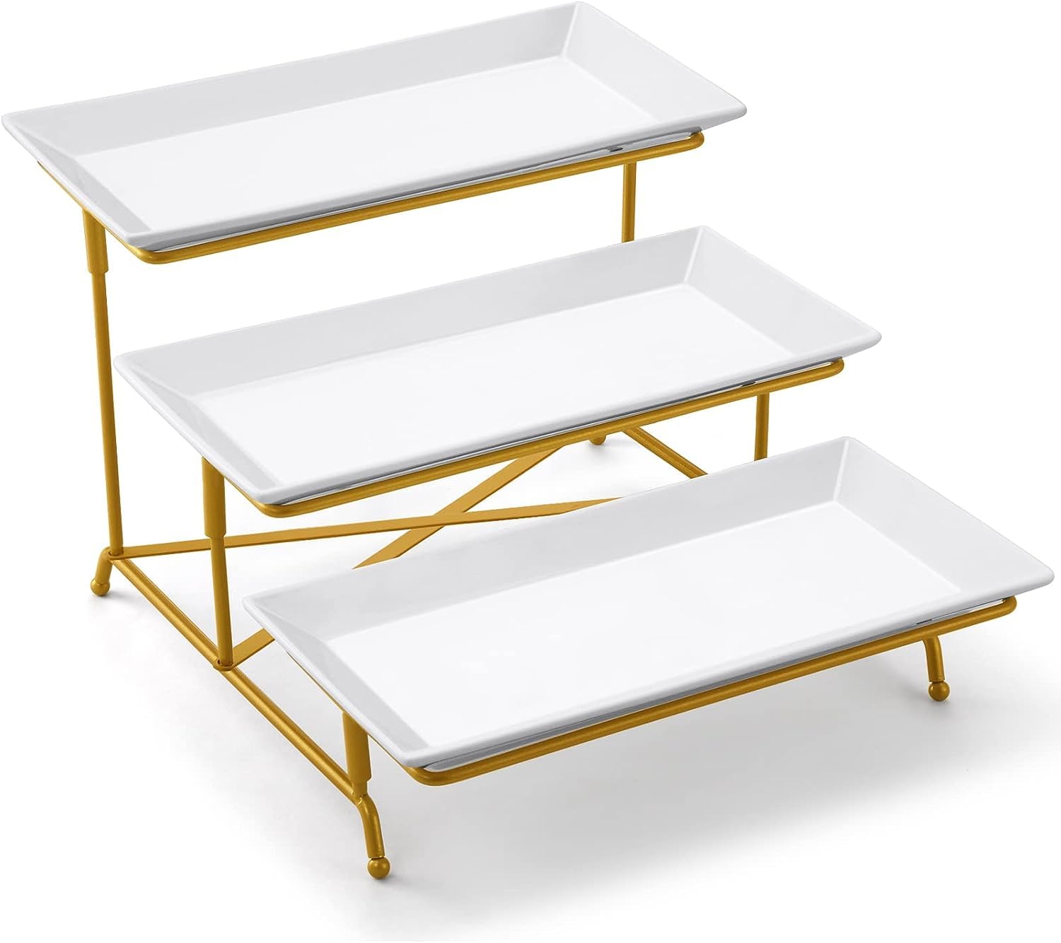 Skade 3 Tier Serving Tray Set Porcelain Tiered Serving Platters, Collapsible Sturdier Stand with Stable Cross Bars,12 Inch Three Layer Serving for Party Entertaining Food Display Fruit Dessert (Gold)
