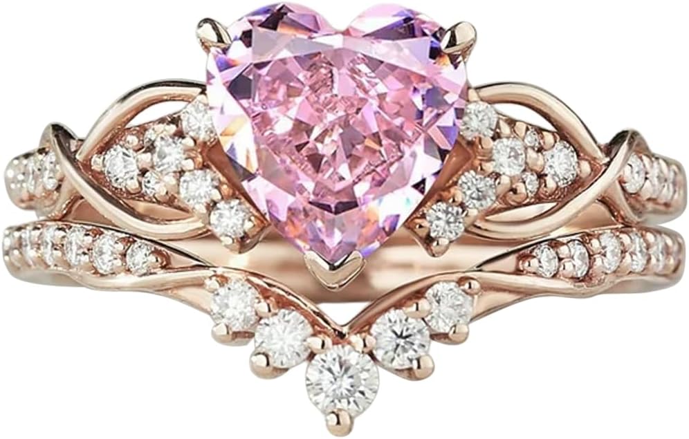 S925 10k/14k/18k Solid Gold Pink Moissanite Bridal Ring Set for Women, 1-2 Carat Heart/Oval/Round/Pear Cut Moissanite Engagement Ring Set Wedding Anniversary Free Engraving