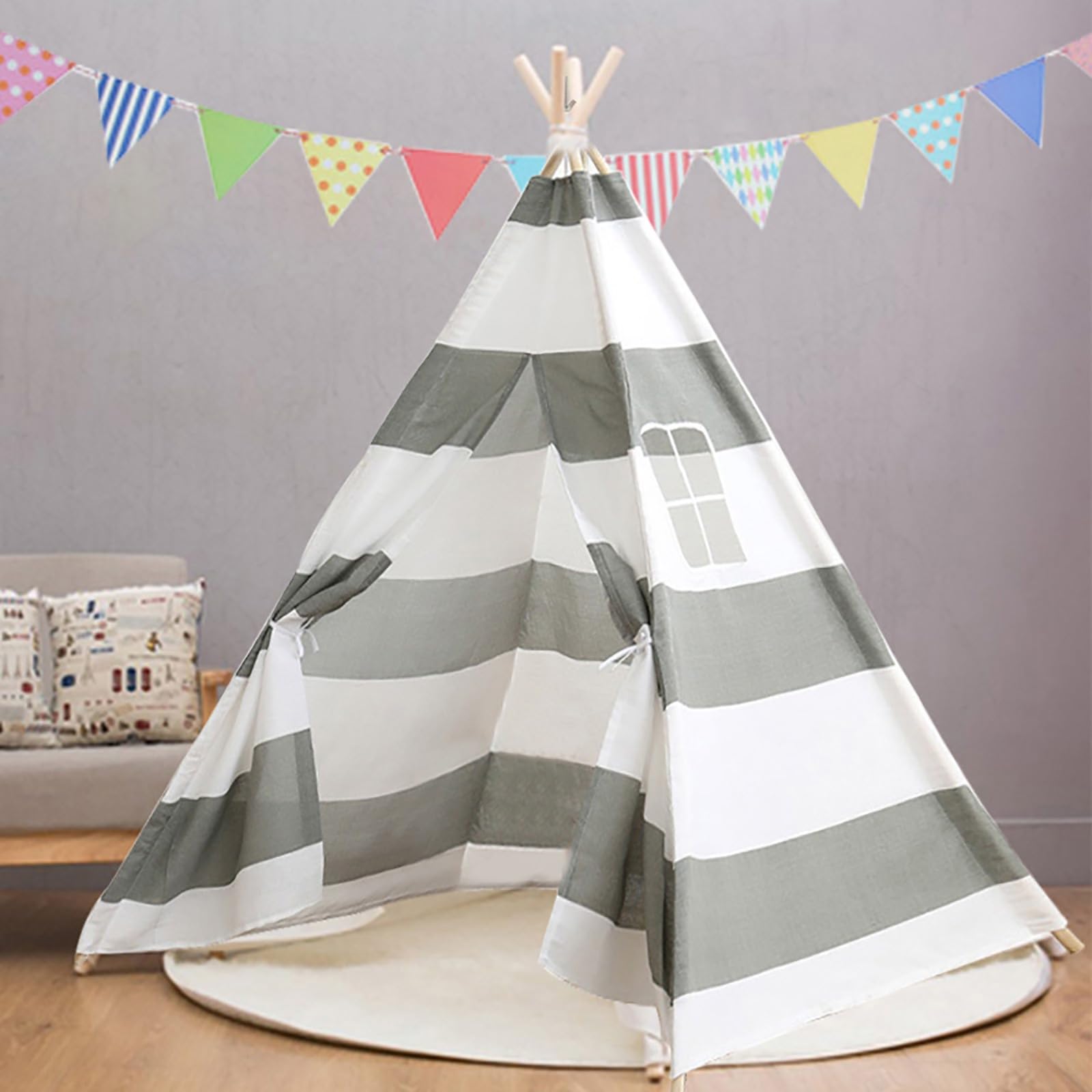 Pamatio Teepee Tent For Children, Gray White Stripes Kid's Tipi Tent For Indoor Outdoor, Wigwam Play Tent, Children Playhouse, Kid's House Room Decoration For Party Festivals