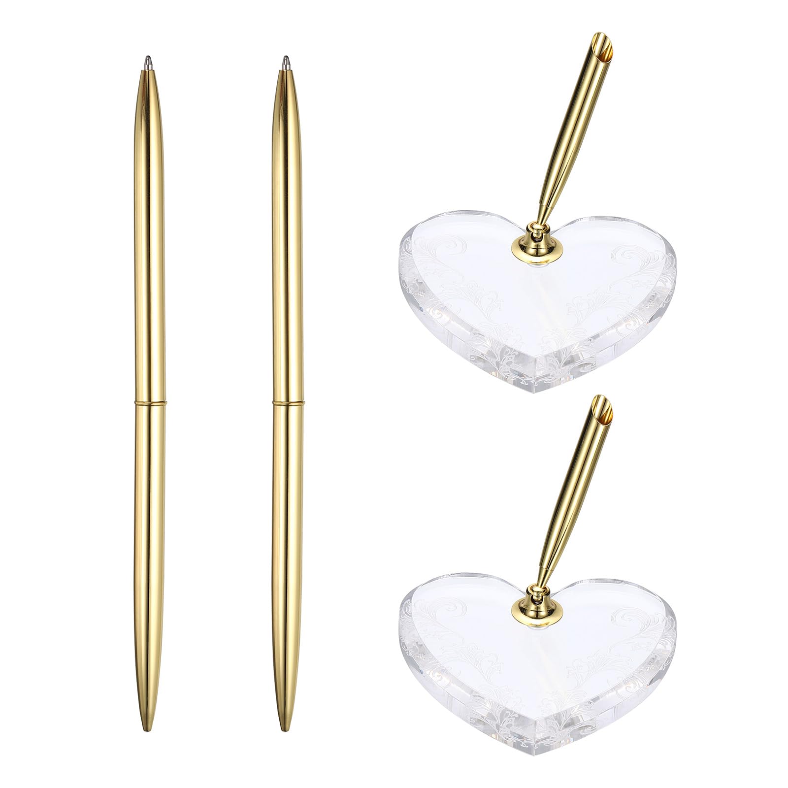 PATIKIL 2Pcs Wedding Pens, Guest Book Pen Set with Acrylic Heart Base Stand for Wedding Reception Guest Sign in Ceremony Engagement, Gold