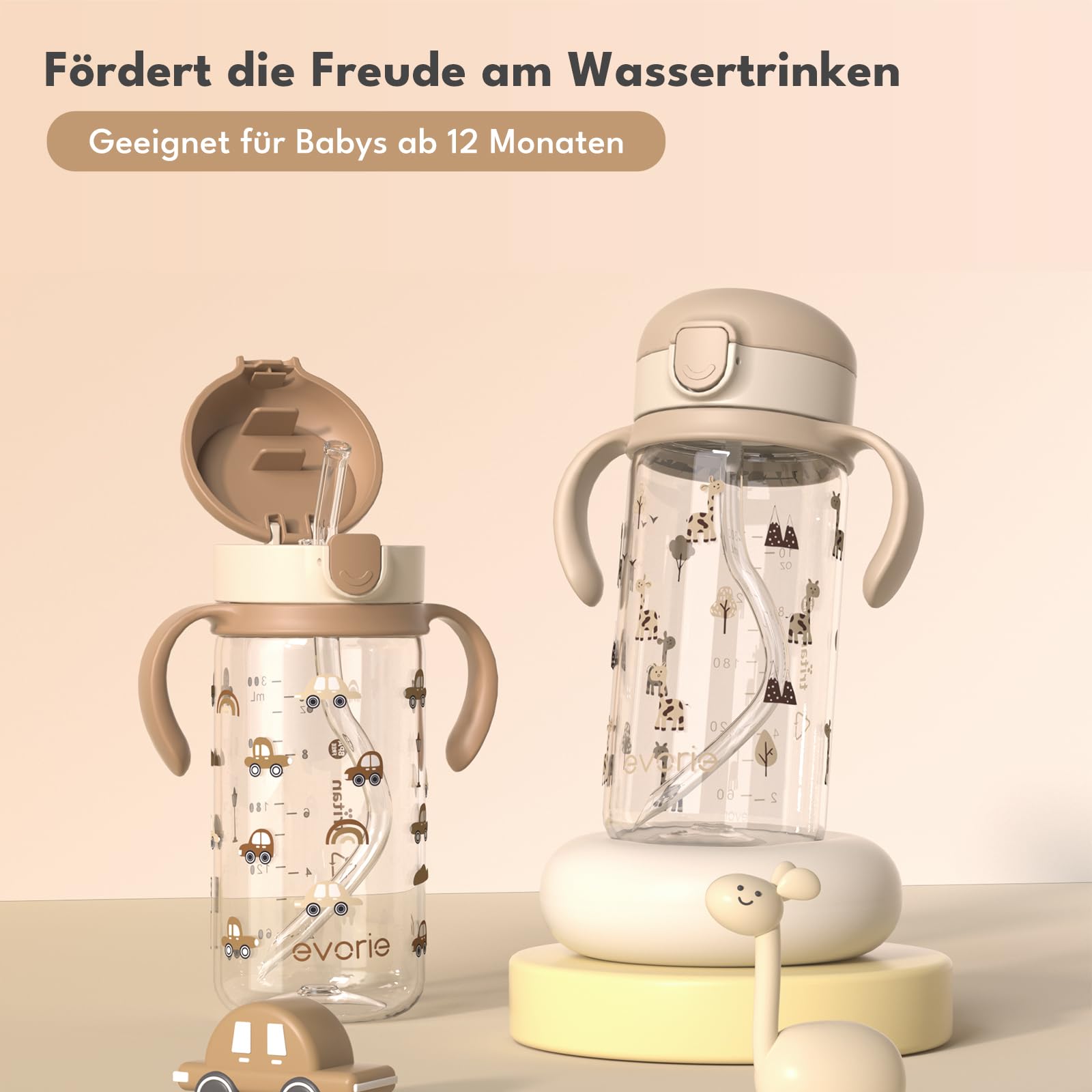 Evorie Tritan Trinkflasche mit Silikon-Strohhalm, auslaufsichere Strohhalm-Flasche für Kinder im Alter von 1-3 Jahren, 300 ml, abnehmbare Griffe, ideal für die Schule (Giraffe)