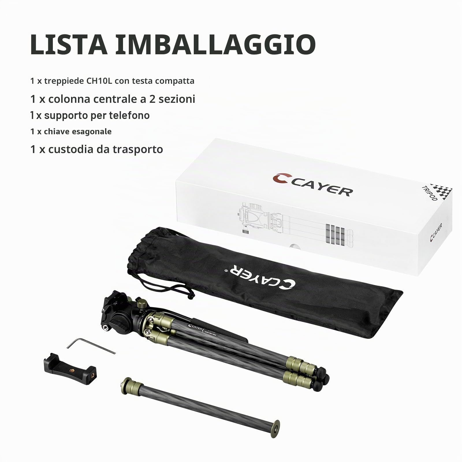 Cayer CH10L Treppiede in fibra di carbonio con mini testa fluida S1, treppiede da tavolo compatto da 28", fotocamere mirrorless, videocamera, webcam per telefono cellulare