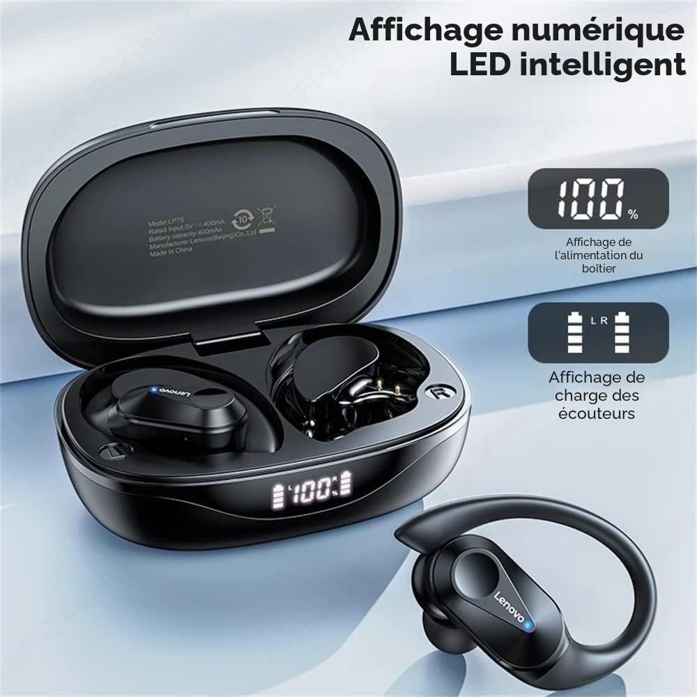 Lenovo LivePods LP75 Oreillettes Bluetooth 5.3 Sport Gym/Running Crochet d'oreille