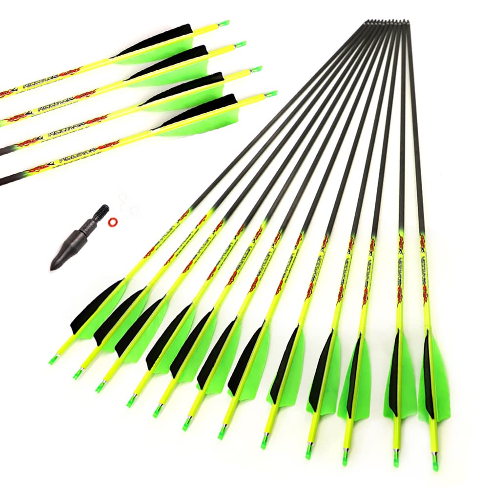 ACCMOS 12pcs ID 6.2 mm Archery Pure Carbon Arrow Spine 300 340 400 500 600 Hunting Arrows 27-31 inch 4" Turkey Feather Practice Arrow (Spine 400, 30inch)