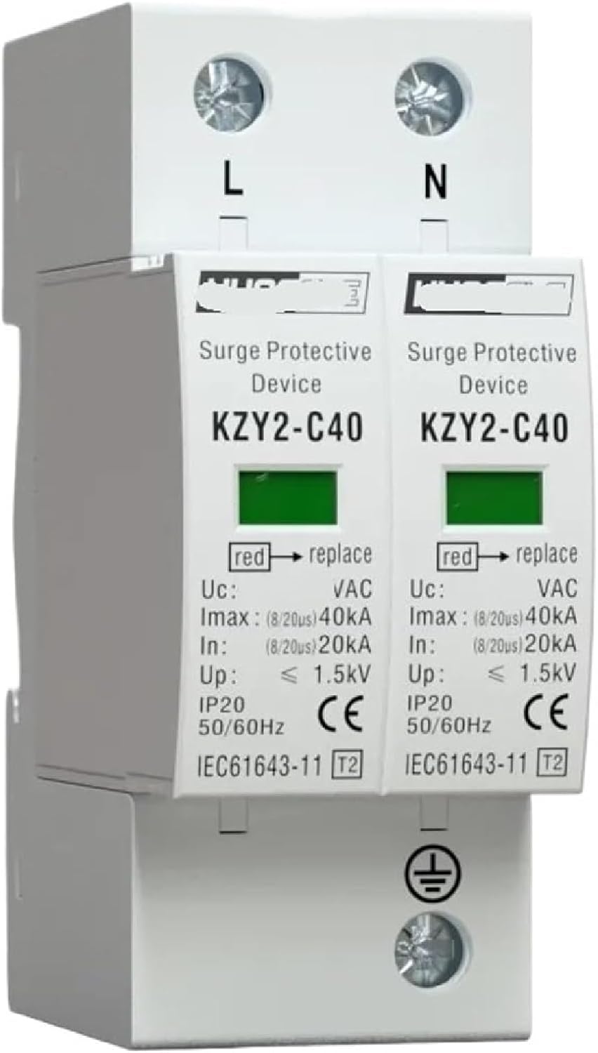 KZY2-C40 2P AC 275V 385V 20KA-40KA Lightning Arrester Surge Protector SPD with PE Household Safety Electrical Protector