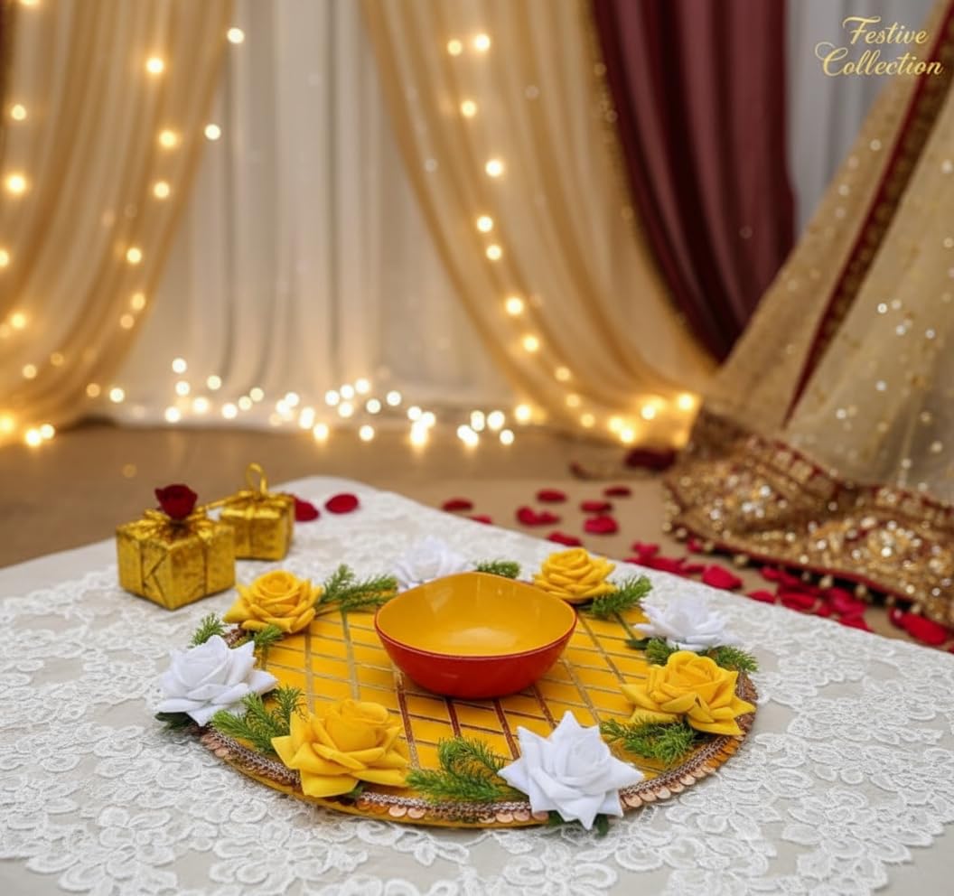 Sanvatsar Home Handmade Haldi Thali with Floral Design for Haldi Ceremony & Haldi Rasam | haldi Decoration Items for Marriage - Image 4 thumbnail